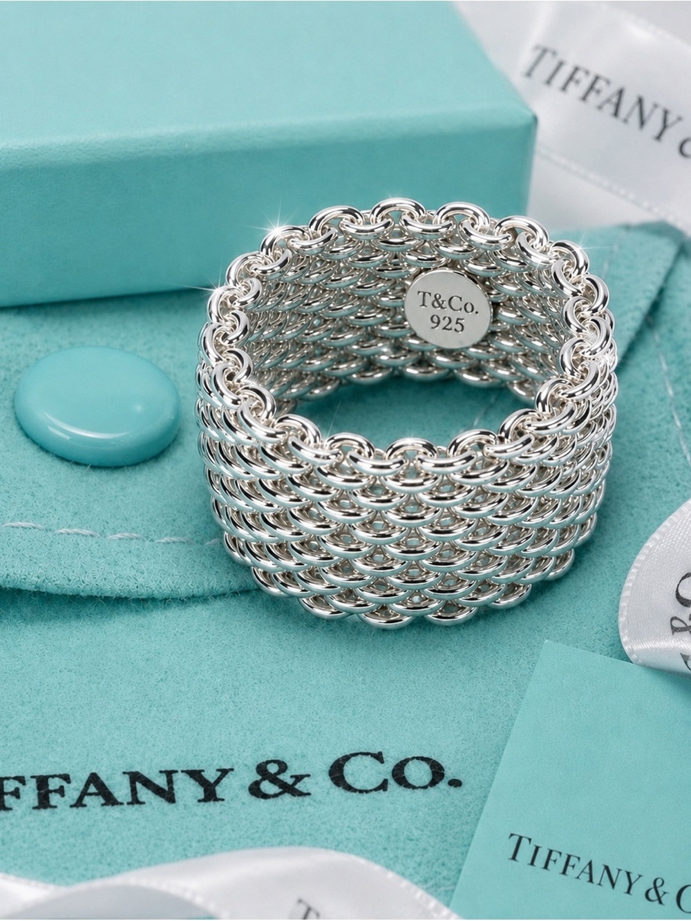 Vintage Tiffany & Co. 10mm Somerset Flexible Mesh Ring Sterling Retired Sz 6.5